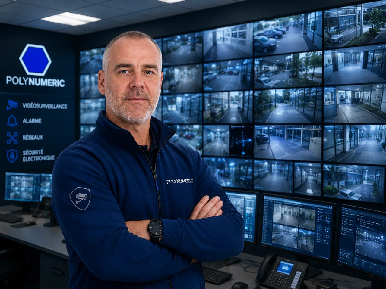 Technicien POLYNUMERIC en salle de supervision vidéosurveillance, agence de Saint-Pierre-de-Chandieu (Lyon Est)